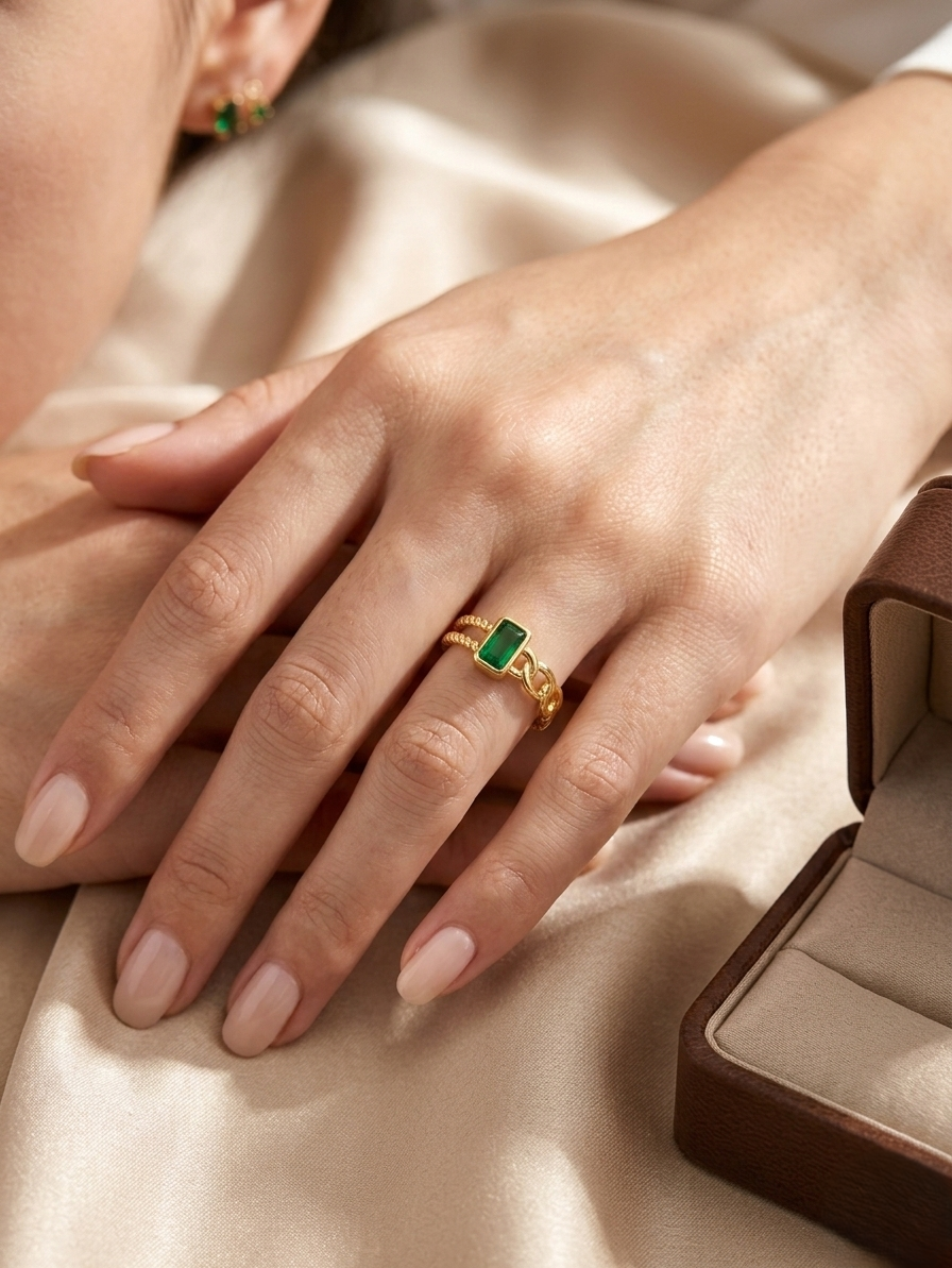 A handmade gold chain ring featuring a bezel-set emerald cut green gemstone, shown from a top-down view to highlight the stone's clarity and the delicate curb chain links.