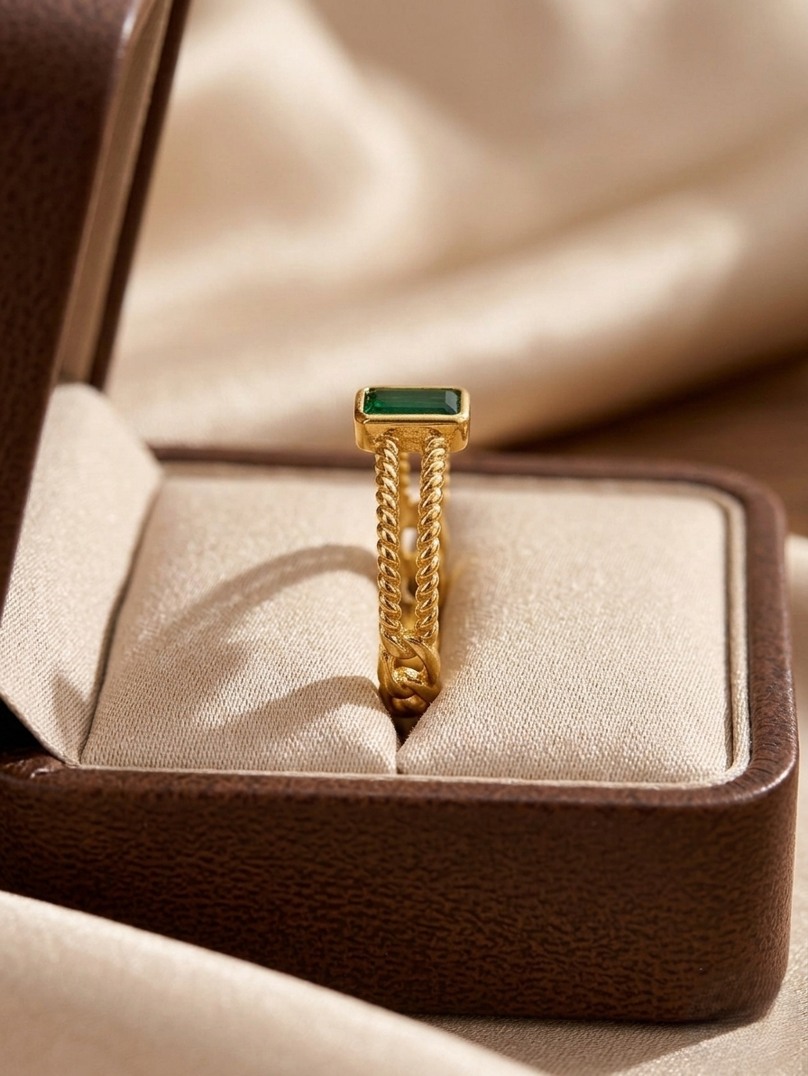 A handmade gold chain ring featuring a bezel-set emerald cut green gemstone, shown from a top-down view to highlight the stone's clarity and the delicate curb chain links.