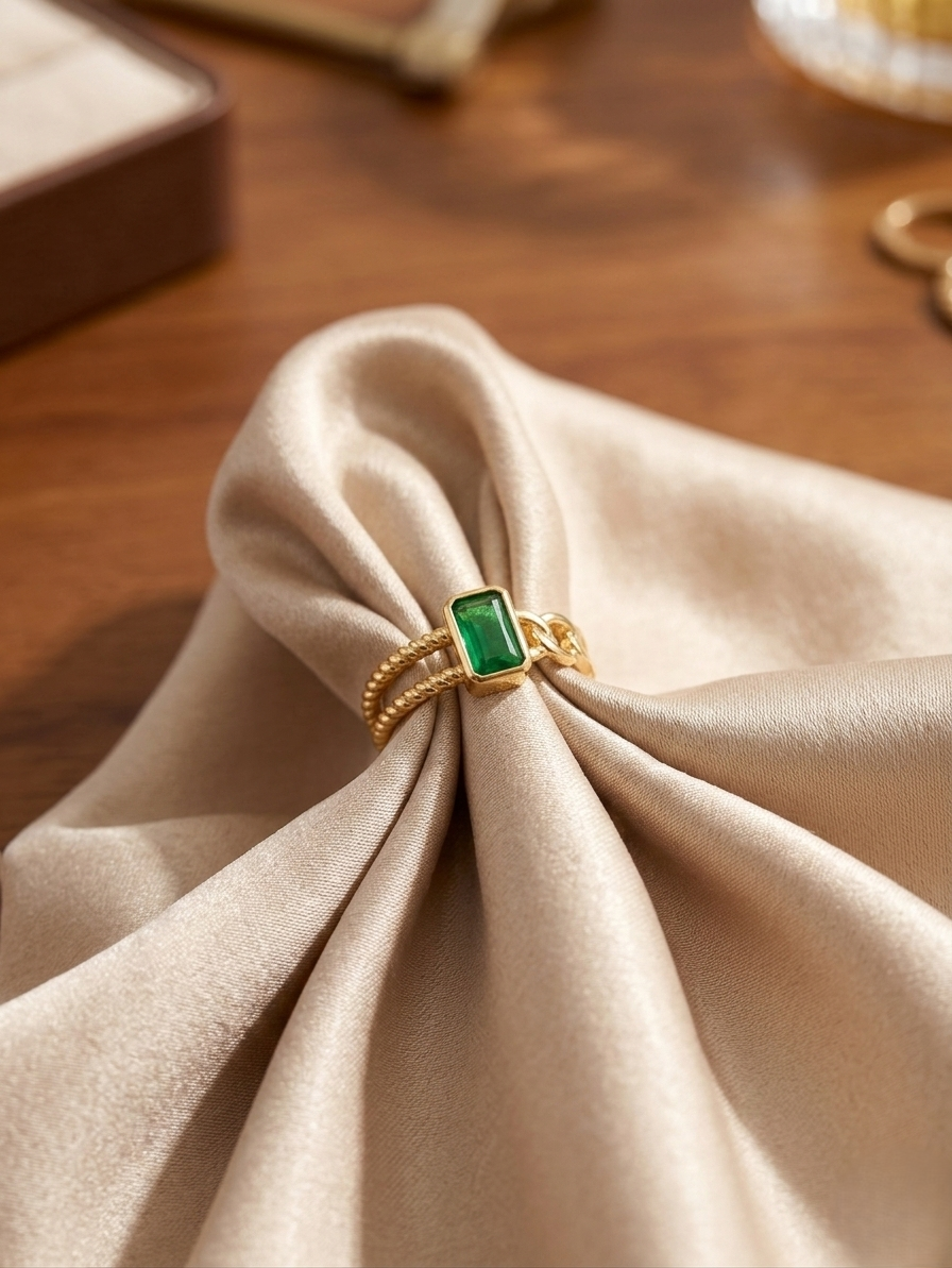 A handmade gold chain ring featuring a bezel-set emerald cut green gemstone, shown from a top-down view to highlight the stone's clarity and the delicate curb chain links.
