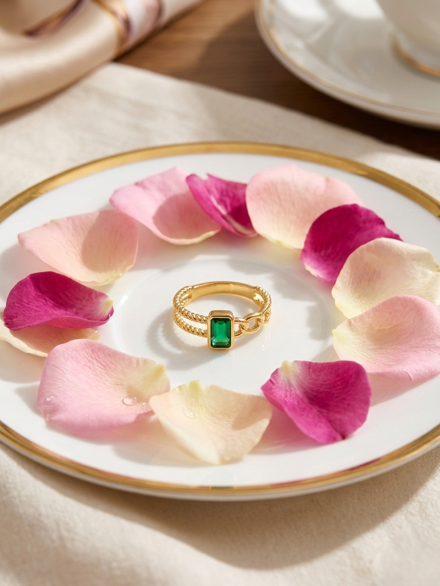 A handmade gold chain ring featuring a bezel-set emerald cut green gemstone, shown from a top-down view to highlight the stone's clarity and the delicate curb chain links.