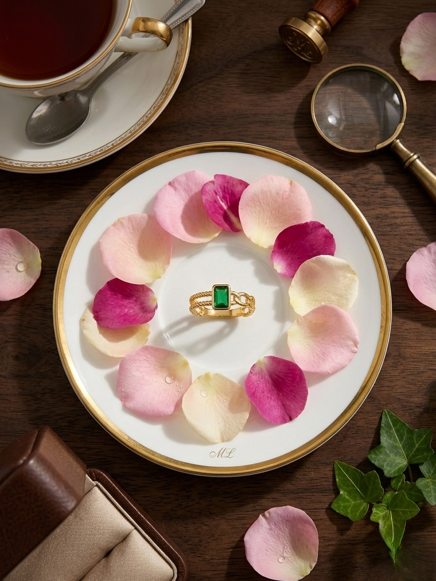 A handmade gold chain ring featuring a bezel-set emerald cut green gemstone, shown from a top-down view to highlight the stone's clarity and the delicate curb chain links.