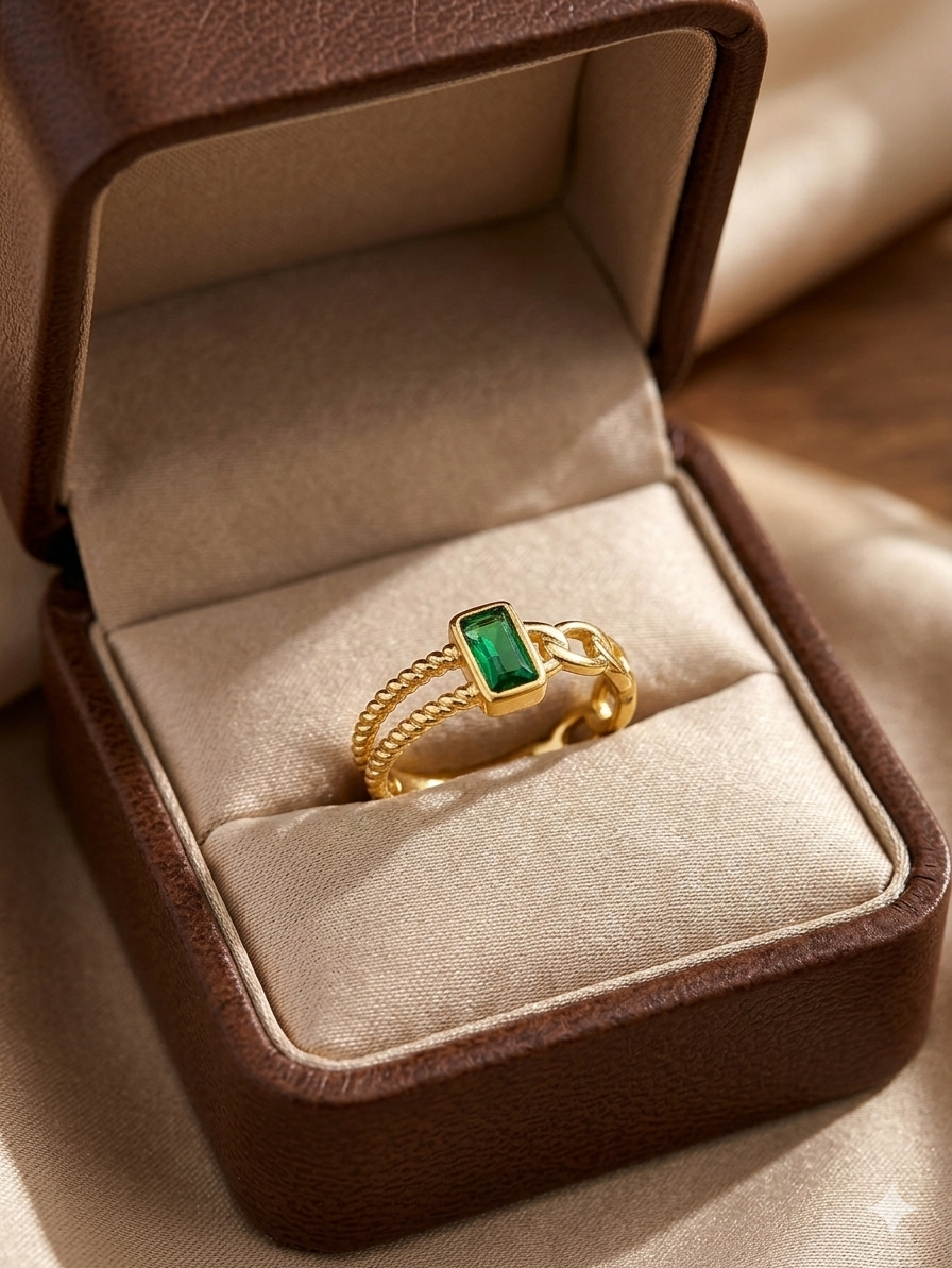 A handmade gold chain ring featuring a bezel-set emerald cut green gemstone, shown from a top-down view to highlight the stone's clarity and the delicate curb chain links.