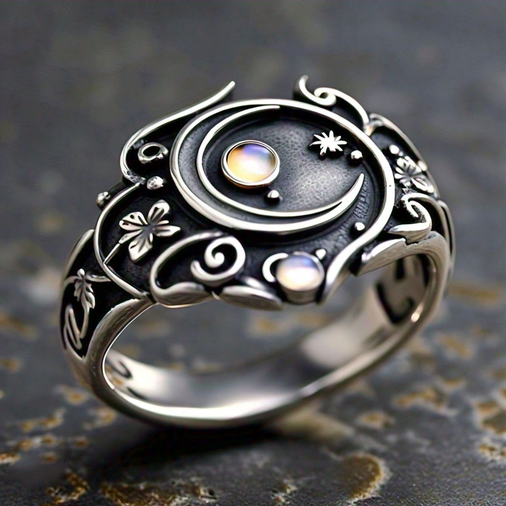 Minimalist Floral Moon Band Ring with Birthstones