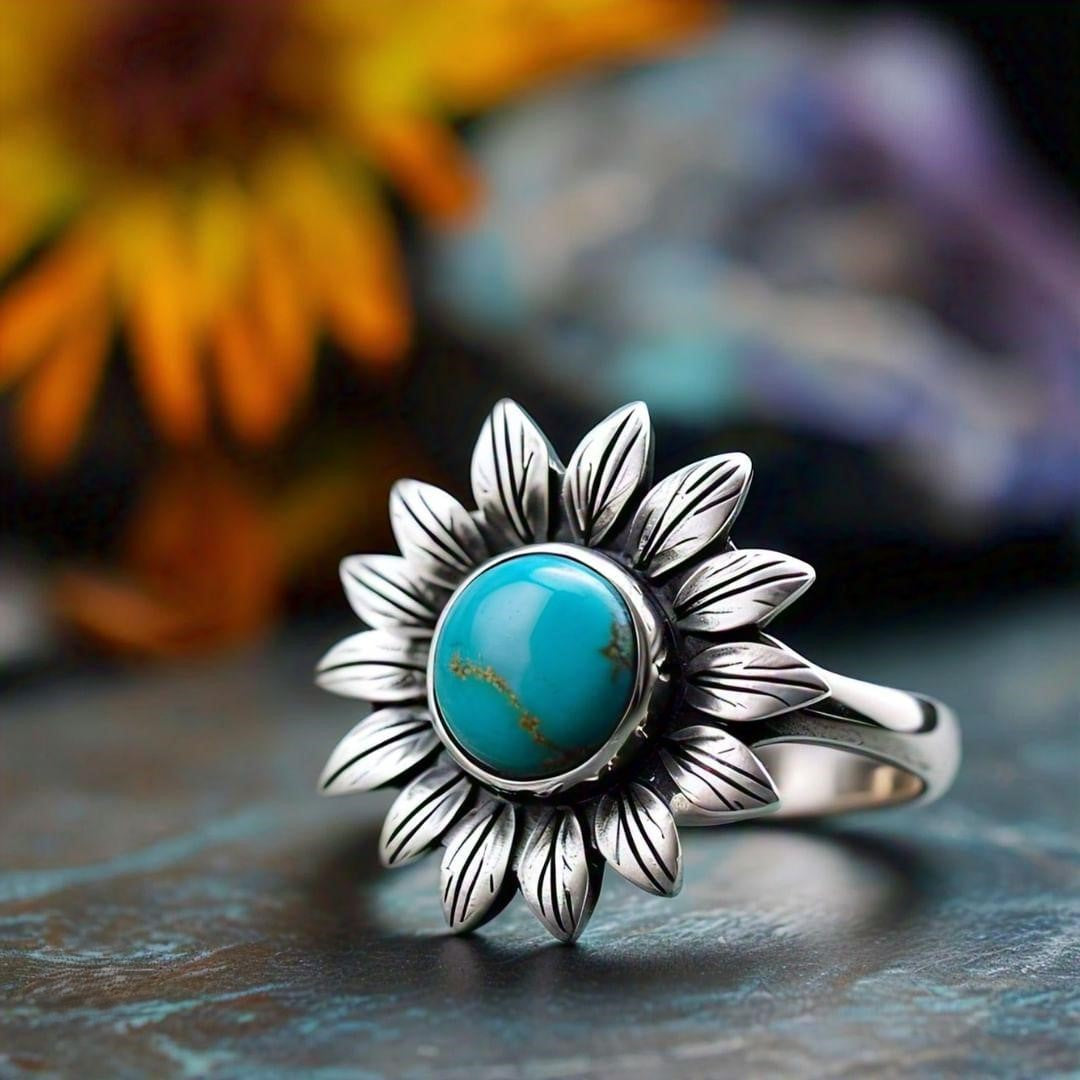 Turquoise Sunflower Ring - Sterling Silver Floral Design, Boho Chic Adjustable Ring, Unique Gift for Her, Elegant Women's Jewelry, Handcrafted, Perfect for Casual & Special Occasions
