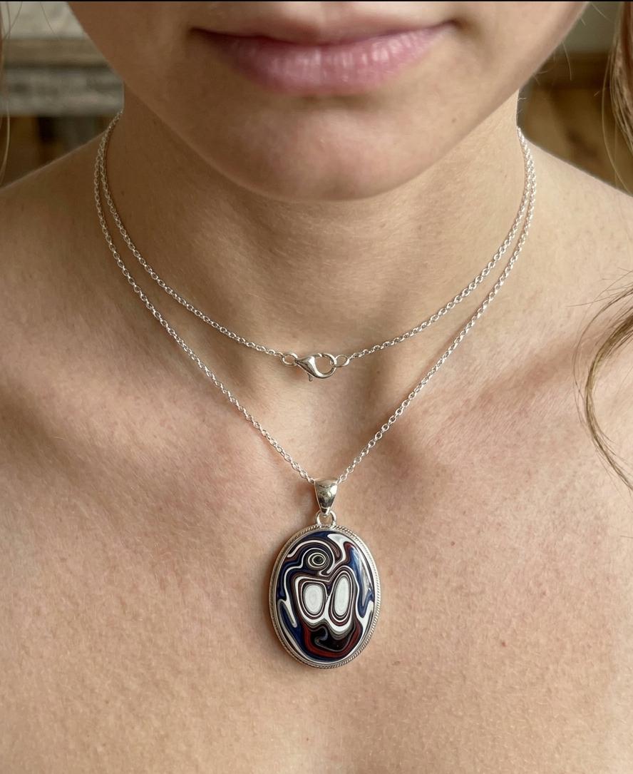 Fordite oval necklace in 925 sterling silver with colorful Detroit agate stone