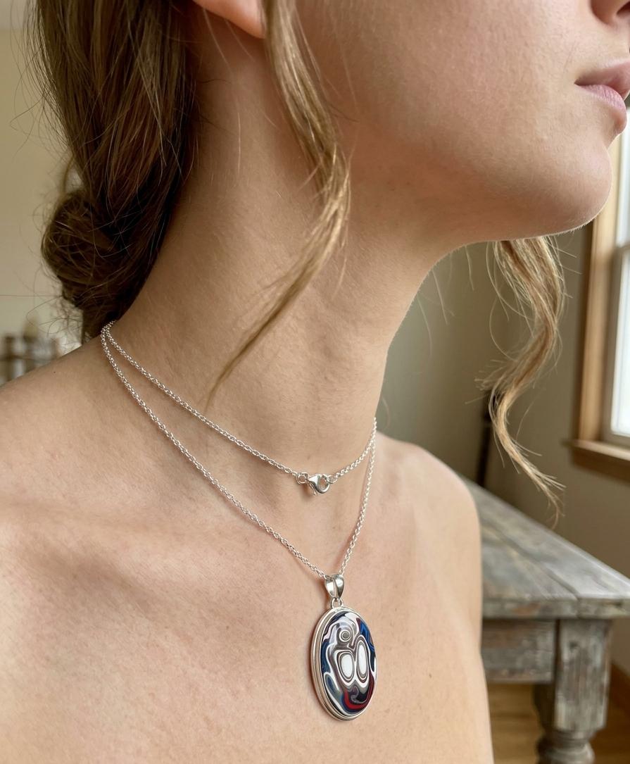 925 Sterling Silver Fordite Oval Necklace | Unique Detroit Agate Pendant Jewelry