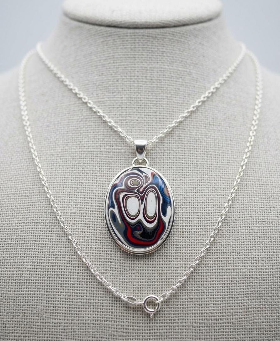 925 Sterling Silver Fordite Oval Necklace | Unique Detroit Agate Pendant Jewelry