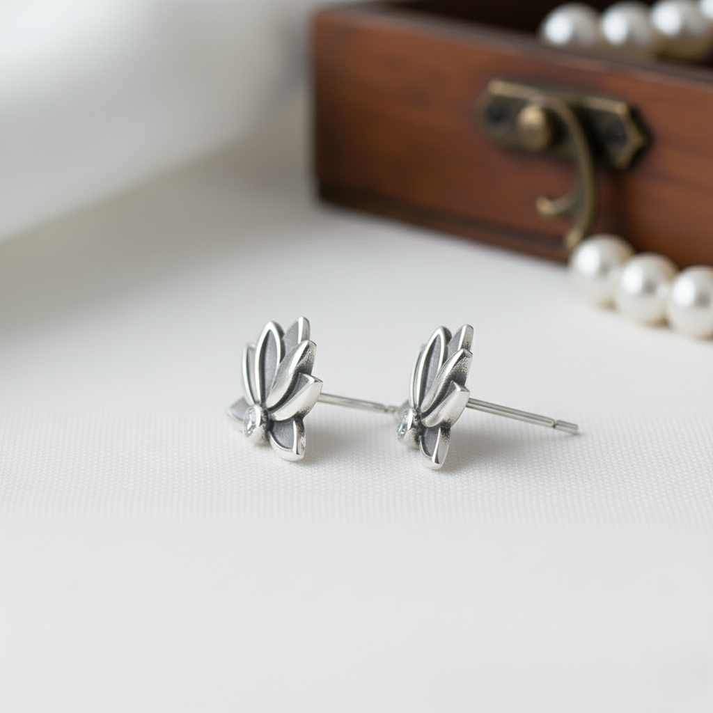 The Silver Lotus Studs: Oxidized Sterling Silver & Crystal Earrings
