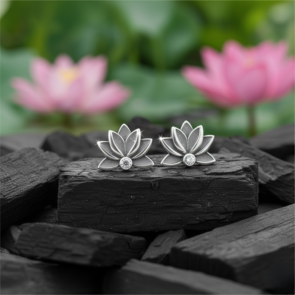 The Silver Lotus Studs: Oxidized Sterling Silver & Crystal Earrings
