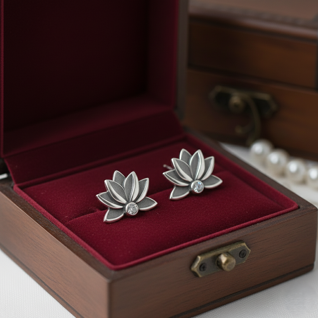 The Silver Lotus Studs: Oxidized Sterling Silver & Crystal Earrings