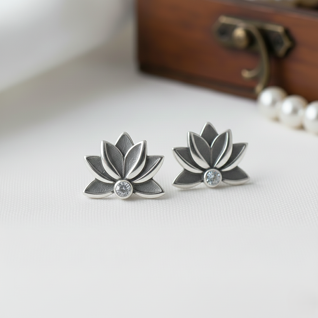The Silver Lotus Studs: Oxidized Sterling Silver & Crystal Earrings