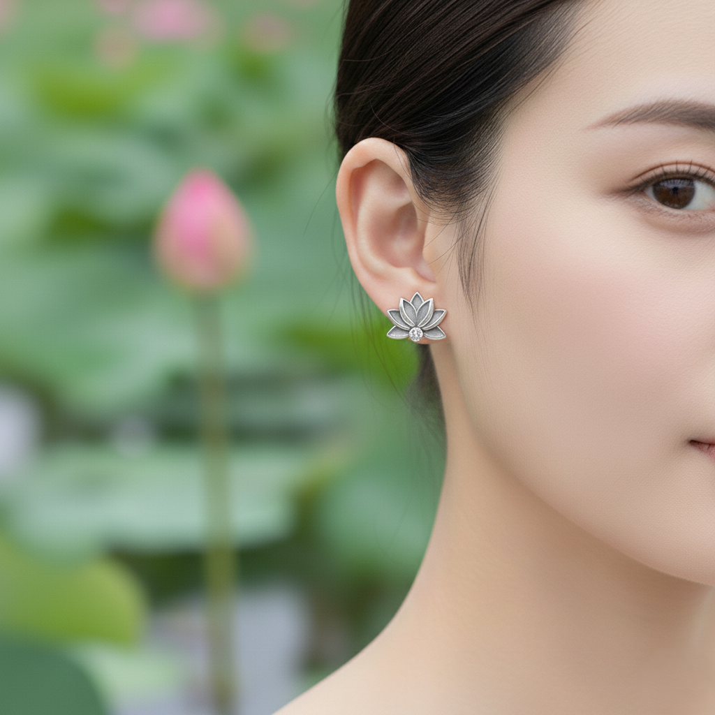 The Silver Lotus Studs: Oxidized Sterling Silver & Crystal Earrings
