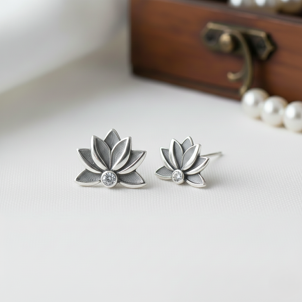 The Silver Lotus Studs: Oxidized Sterling Silver & Crystal Earrings
