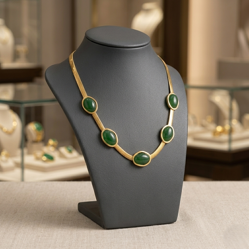 Elegant emerald green gold statement necklace with oval gemstone accents worn by a woman, chic minimalist choker jewelry for women with luxury-inspired design.