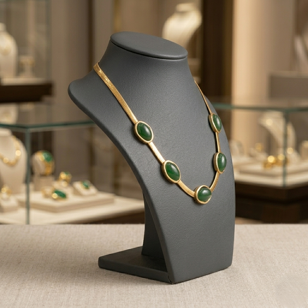 Elegant emerald green gold statement necklace with oval gemstone accents worn by a woman, chic minimalist choker jewelry for women with luxury-inspired design.