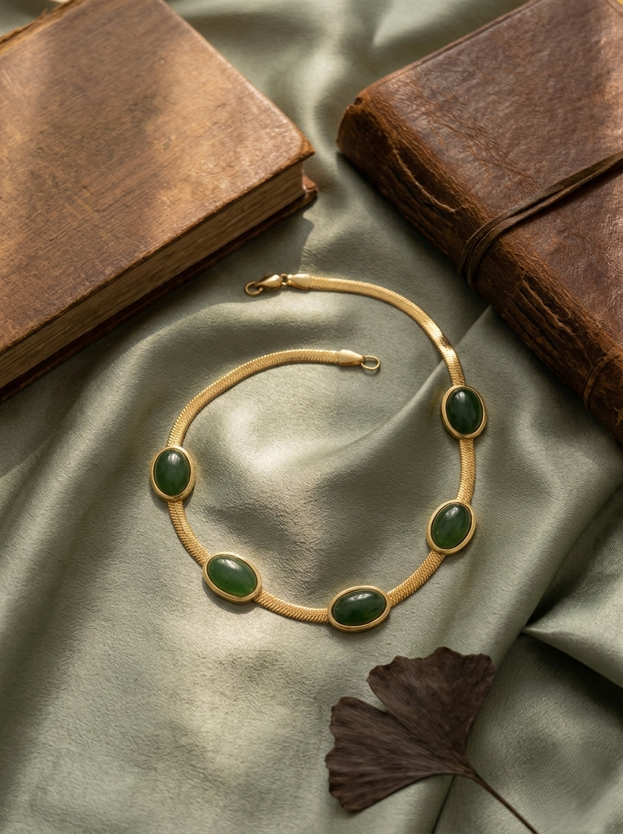 Elegant emerald green gold statement necklace with oval gemstone accents worn by a woman, chic minimalist choker jewelry for women with luxury-inspired design.