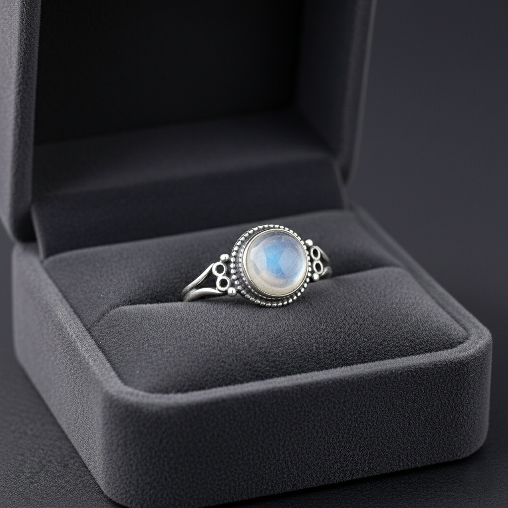 Handmade natural moonstone ring for women set in 925 sterling silver with an elegant gemstone design.