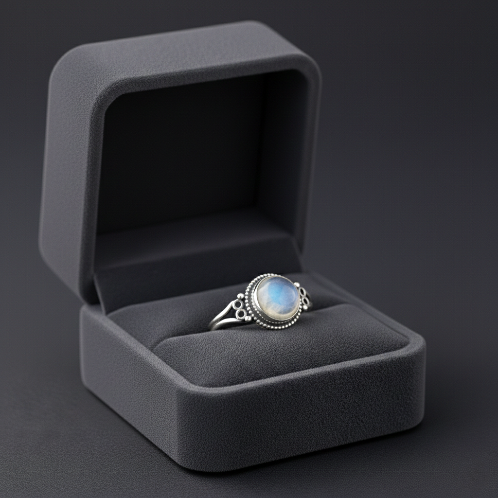 Handmade natural moonstone ring for women set in 925 sterling silver with an elegant gemstone design.