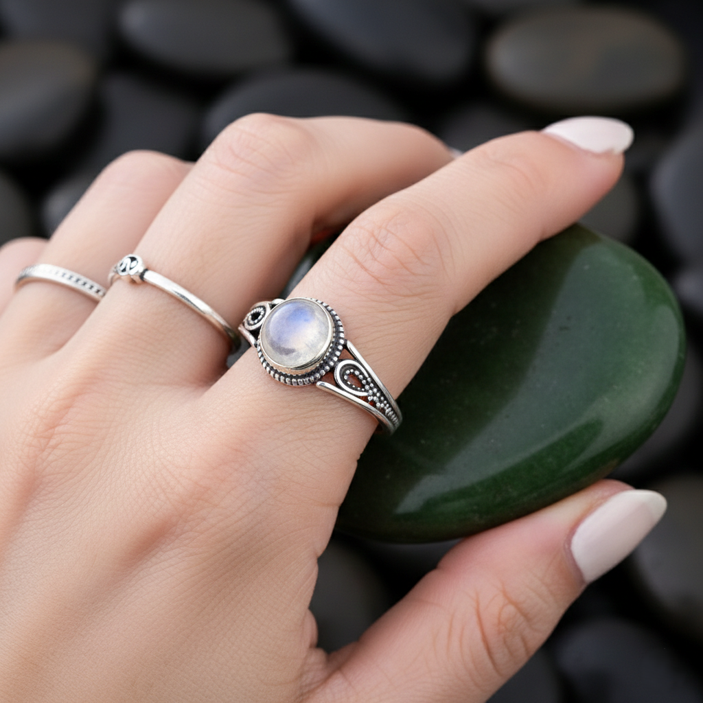 Handmade natural moonstone ring for women set in 925 sterling silver with an elegant gemstone design.