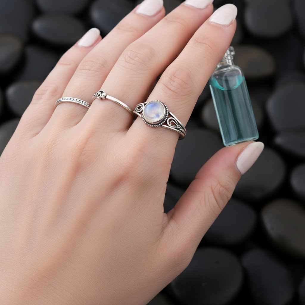 Handmade natural moonstone ring for women set in 925 sterling silver with an elegant gemstone design.