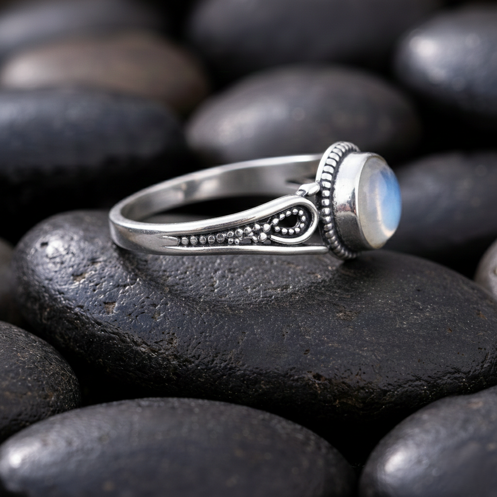 Handmade natural moonstone ring for women set in 925 sterling silver with an elegant gemstone design.