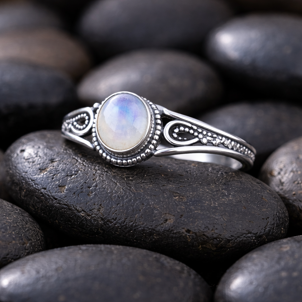Handmade natural moonstone ring for women set in 925 sterling silver with an elegant gemstone design.