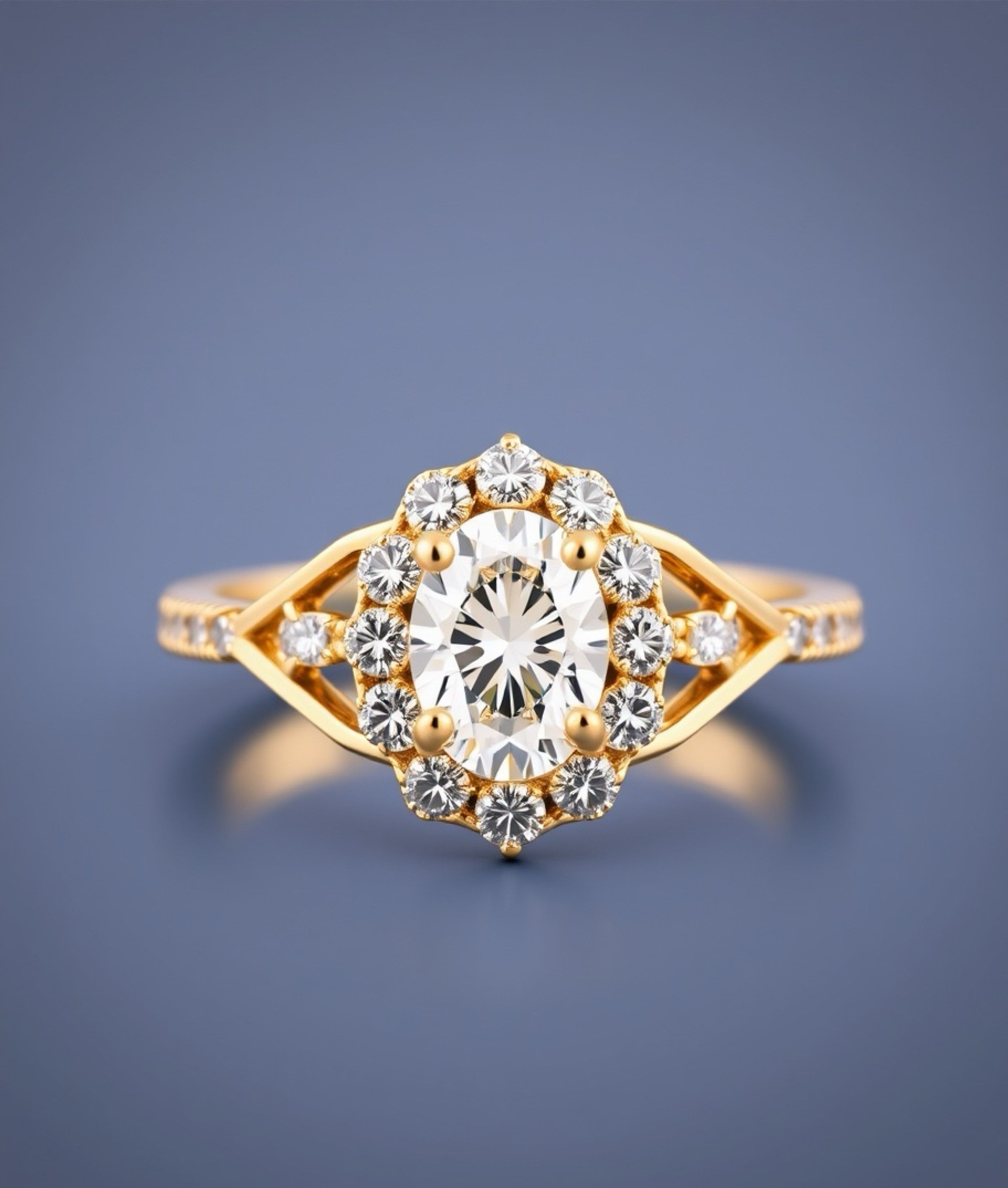 “Luxury gold engagement ring featuring round-cut diamond and halo design.”