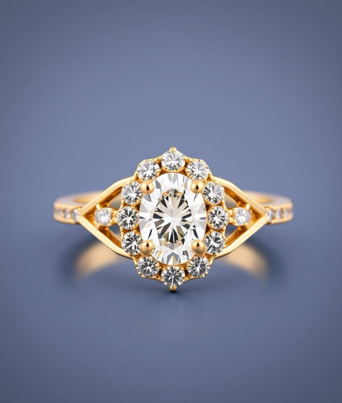 “Luxury gold engagement ring featuring round-cut diamond and halo design.”