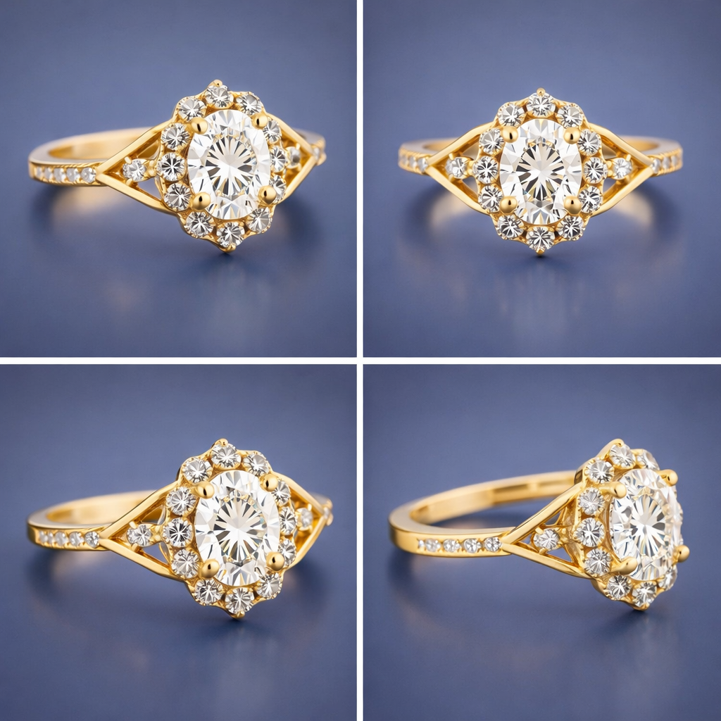 Luxury gold engagement ring featuring round-cut diamond and halo design.