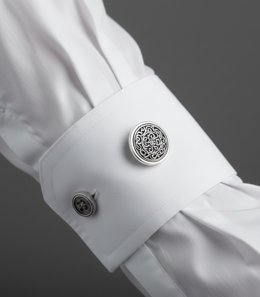 "Handmade 925 sterling silver carved oxidized round cuff links for men – elegant vintage-style jewelry accessory"