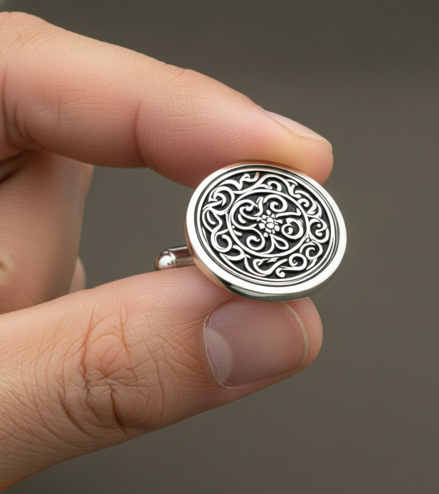 "Handmade 925 sterling silver carved oxidized round cuff links for men – elegant vintage-style jewelry accessory"