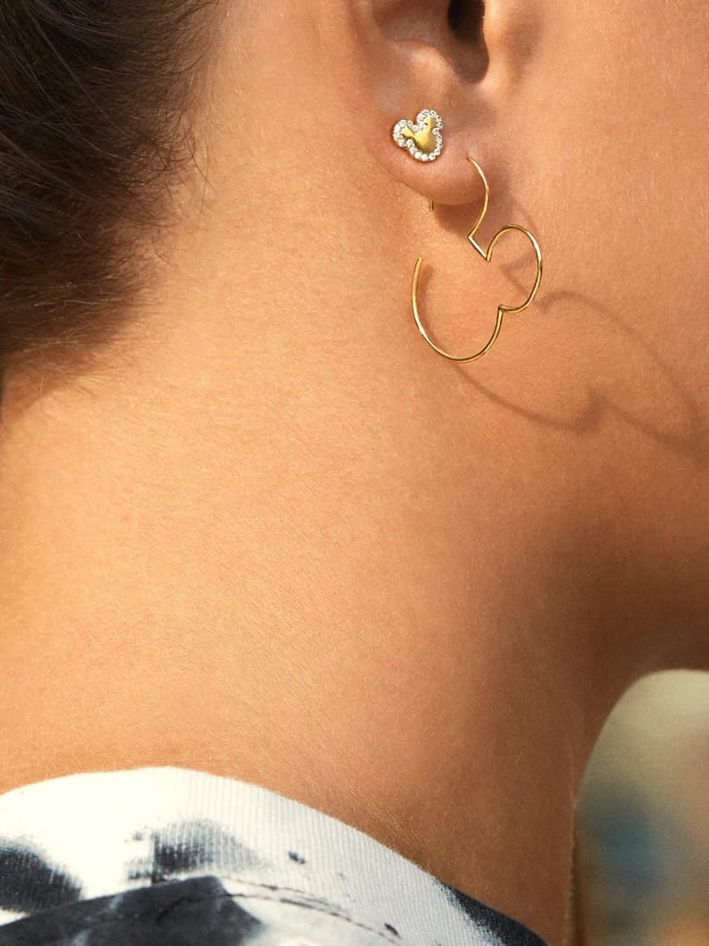 Gold-plated 925 sterling silver Mickey Mouse hoop earrings featuring a cute, minimalist Disney-inspired design. Lightweight, hypoallergenic, and perfect for everyday wear