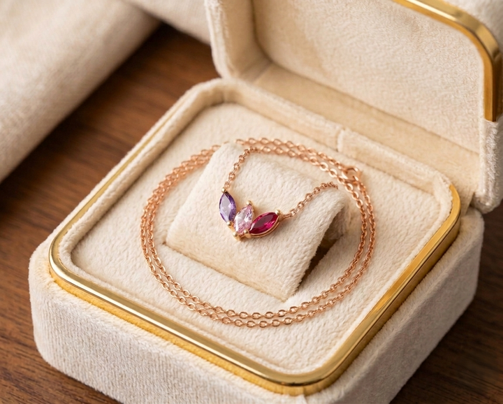 A personalized sterling silver family birthstone necklace with three round-cut stones (Amethyst, Emerald, and Ruby) on a dainty silver cable chain.