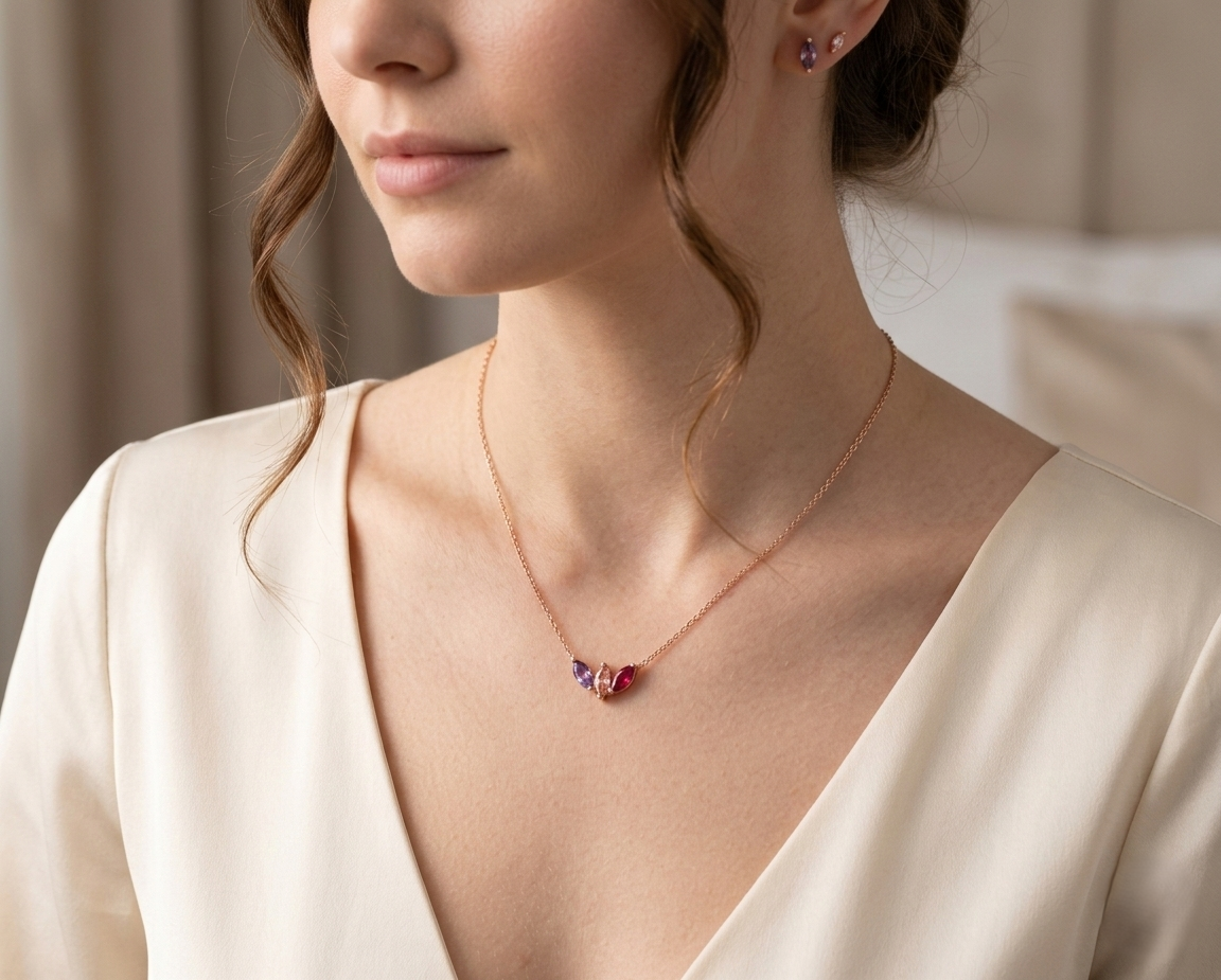 A personalized sterling silver family birthstone necklace with three round-cut stones (Amethyst, Emerald, and Ruby) on a dainty silver cable chain.