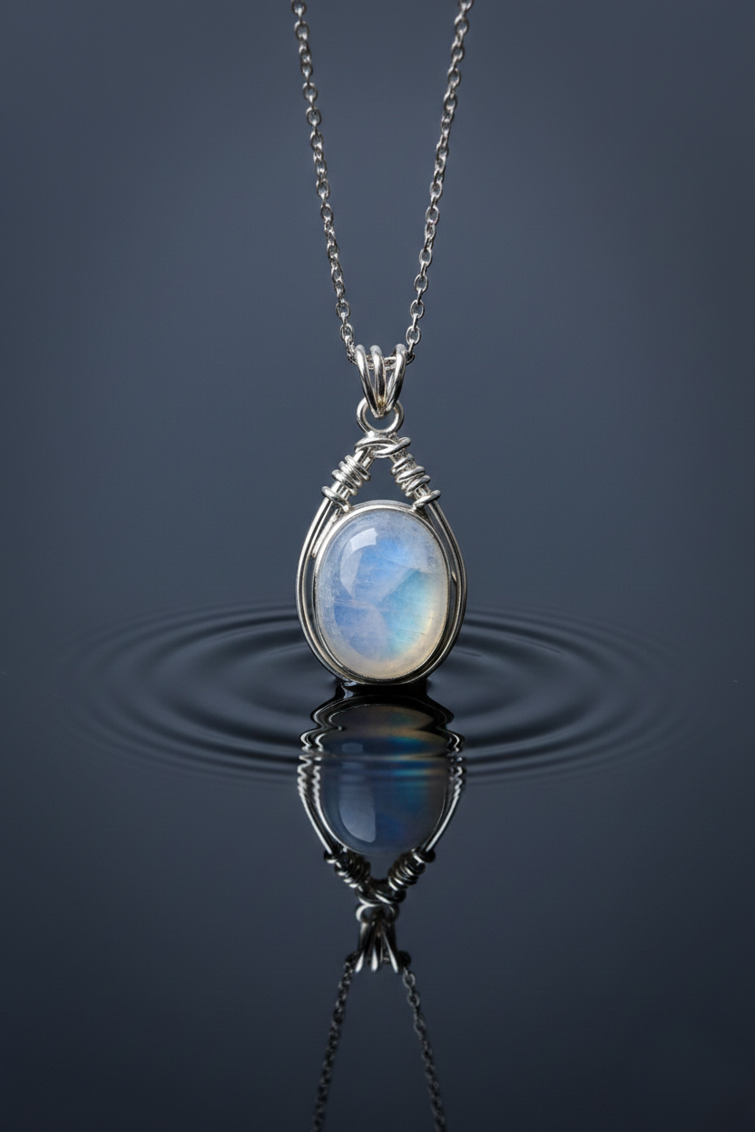 Natural blue moonstone necklace set in 925 sterling silver with a delicate silver chain for women.