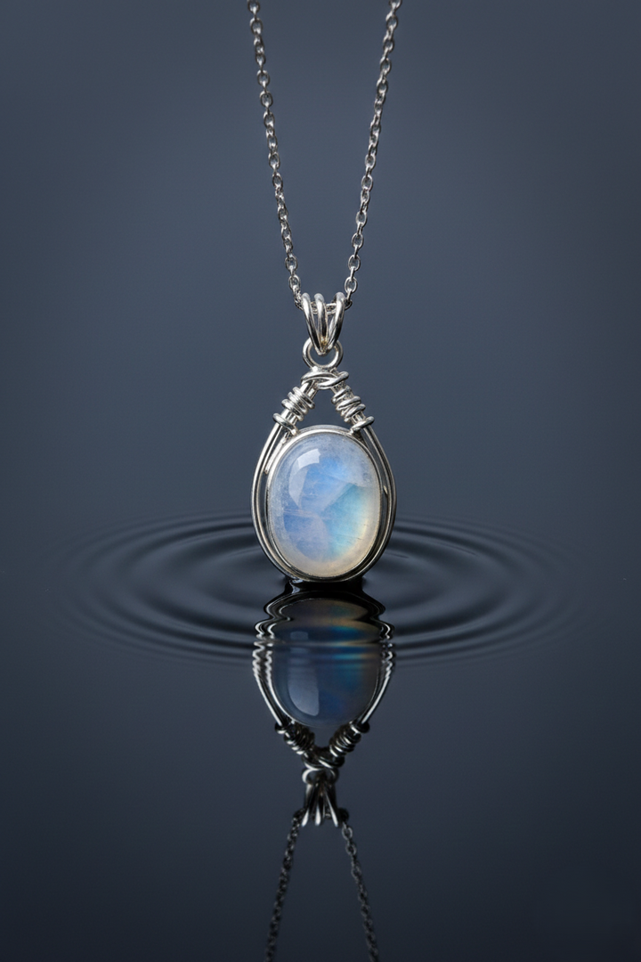 Natural blue moonstone necklace set in 925 sterling silver with a delicate silver chain for women.