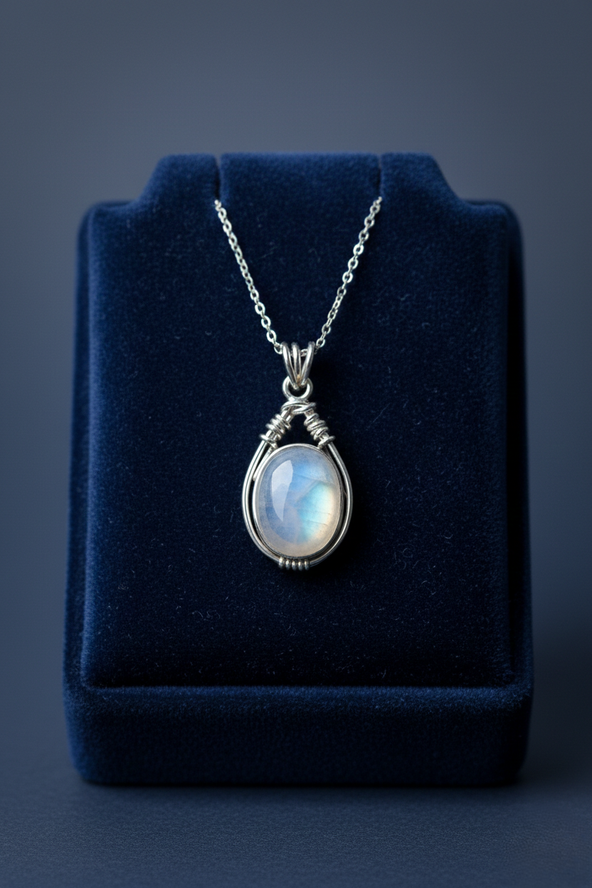 Natural blue moonstone necklace set in 925 sterling silver with a delicate silver chain for women.