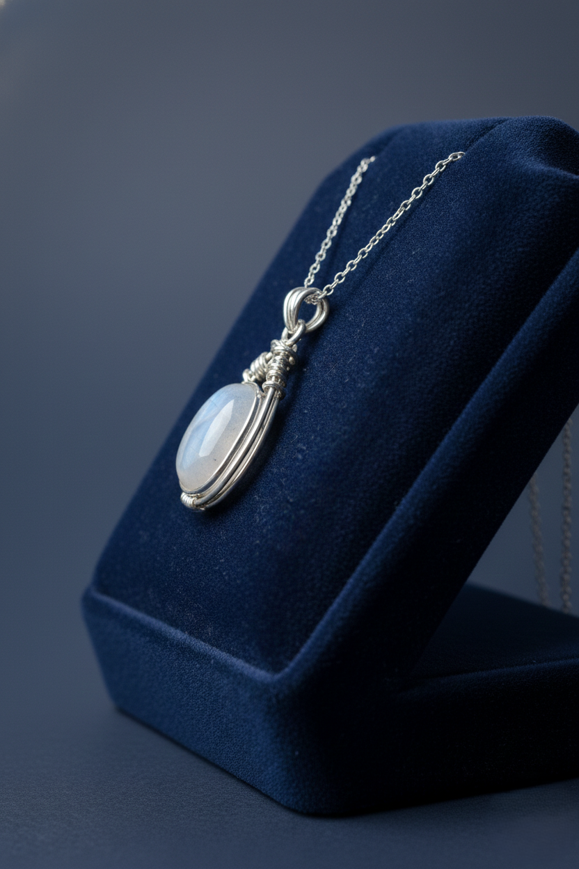 Natural blue moonstone necklace set in 925 sterling silver with a delicate silver chain for women.