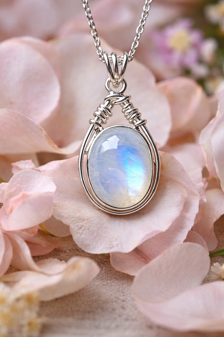 Natural blue moonstone necklace set in 925 sterling silver with a delicate silver chain for women.