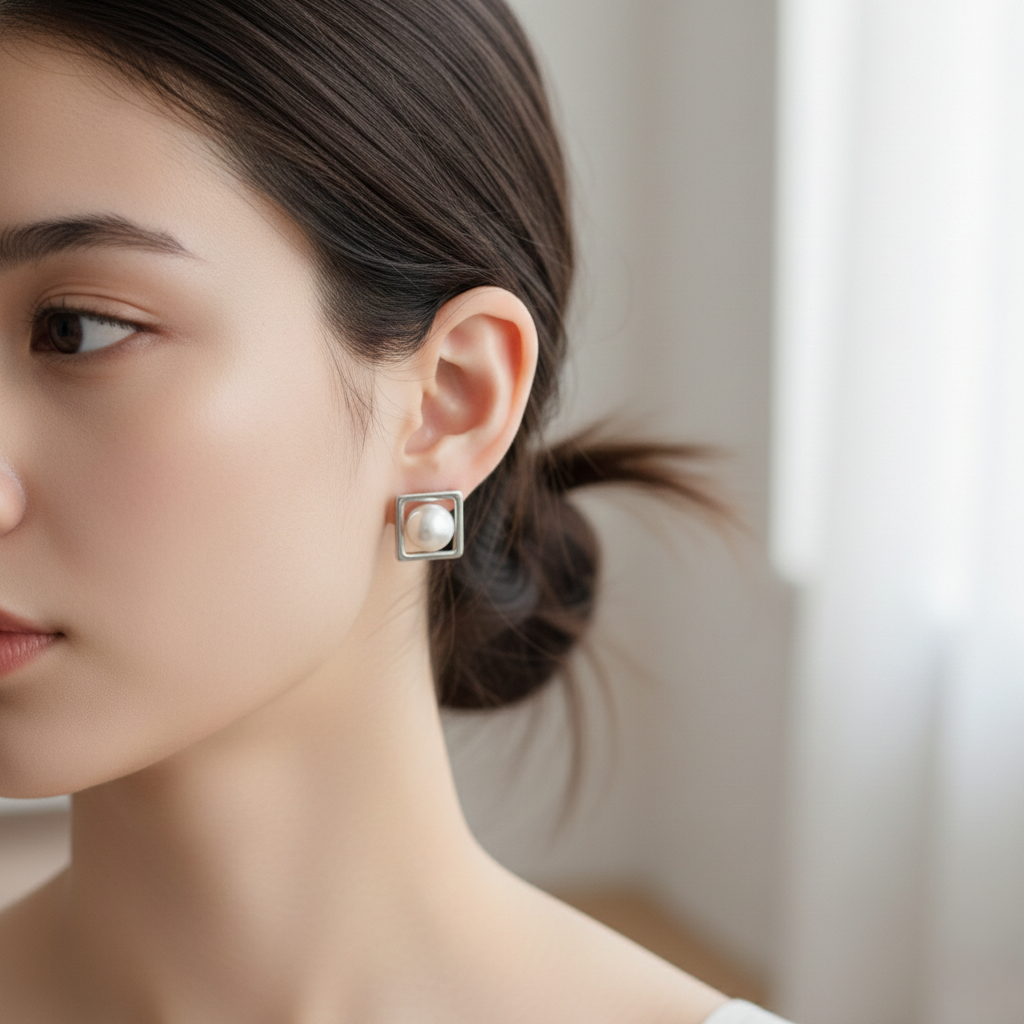 Natural square pearl stud earrings crafted in 925 sterling silver with a minimalist geometric design for women. 🤍✨