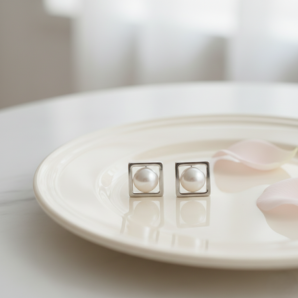 Natural square pearl stud earrings crafted in 925 sterling silver with a minimalist geometric design for women. 🤍✨
