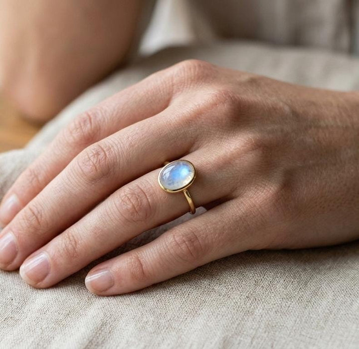 Gold Moonstone Ring 925 Sterling silver handmade jewelry gift for her