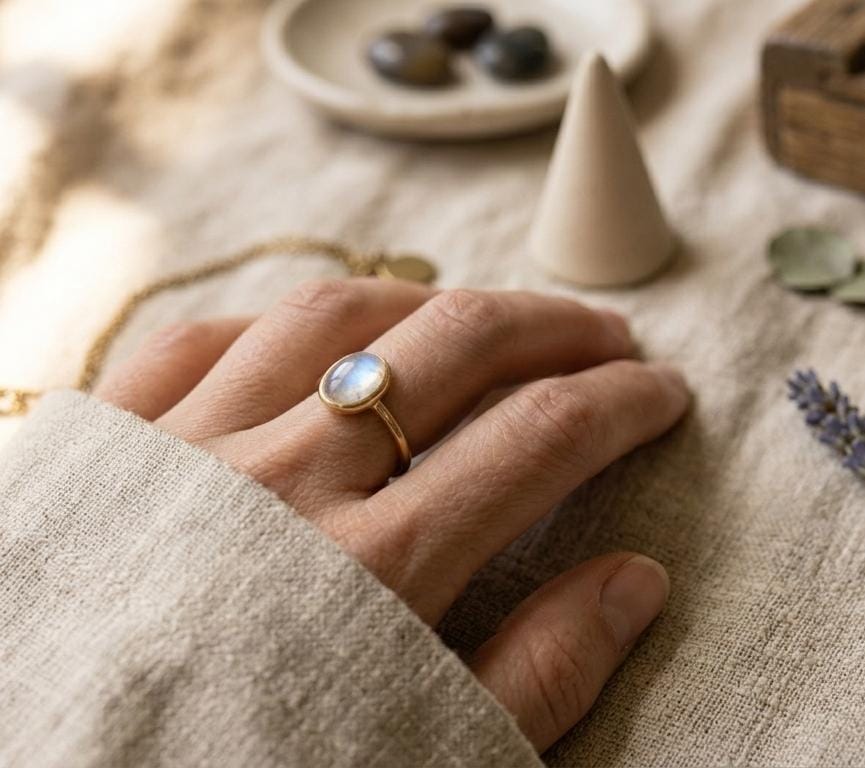 Handmade gold plated 925 sterling silver ring featuring a natural moonstone, elegant dainty gemstone ring gift for her