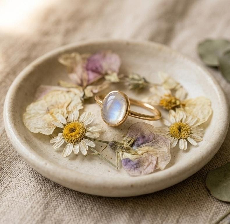 Handmade gold plated 925 sterling silver ring featuring a natural moonstone, elegant dainty gemstone ring gift for her