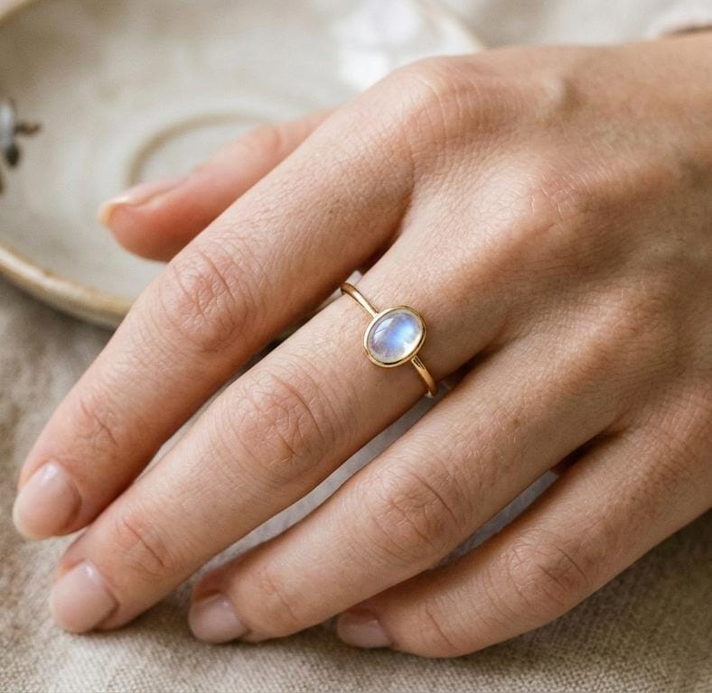 Gold Moonstone Ring 925 Sterling silver handmade jewelry gift for her