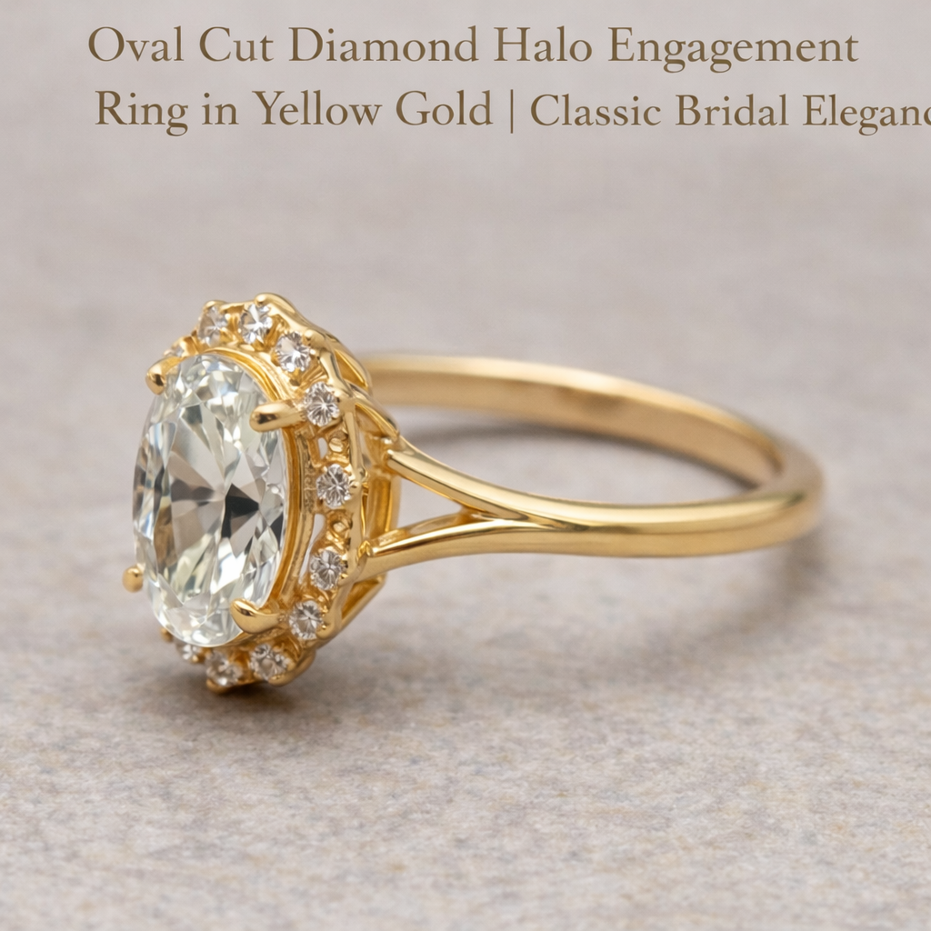Oval cut diamond halo engagement ring in yellow gold featuring a sparkling oval center stone, delicate halo setting, and polished band, elegant bridal jewelry design.