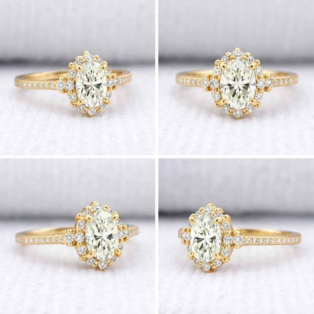 Oval cut diamond halo engagement ring in yellow gold featuring a sparkling oval center stone surrounded by a delicate diamond halo, elegant bridal jewelry design.
