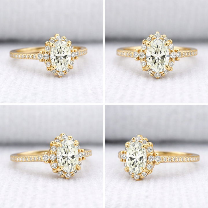 Oval cut diamond halo engagement ring in yellow gold featuring a sparkling oval center stone surrounded by a delicate diamond halo, elegant bridal jewelry design.
