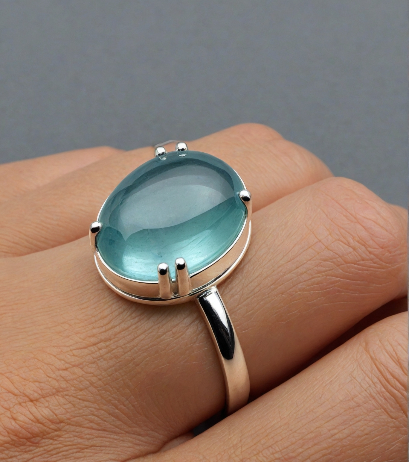 Minimalist Aqua Chalcedony Ring 925 Silver Handmade Jewelry