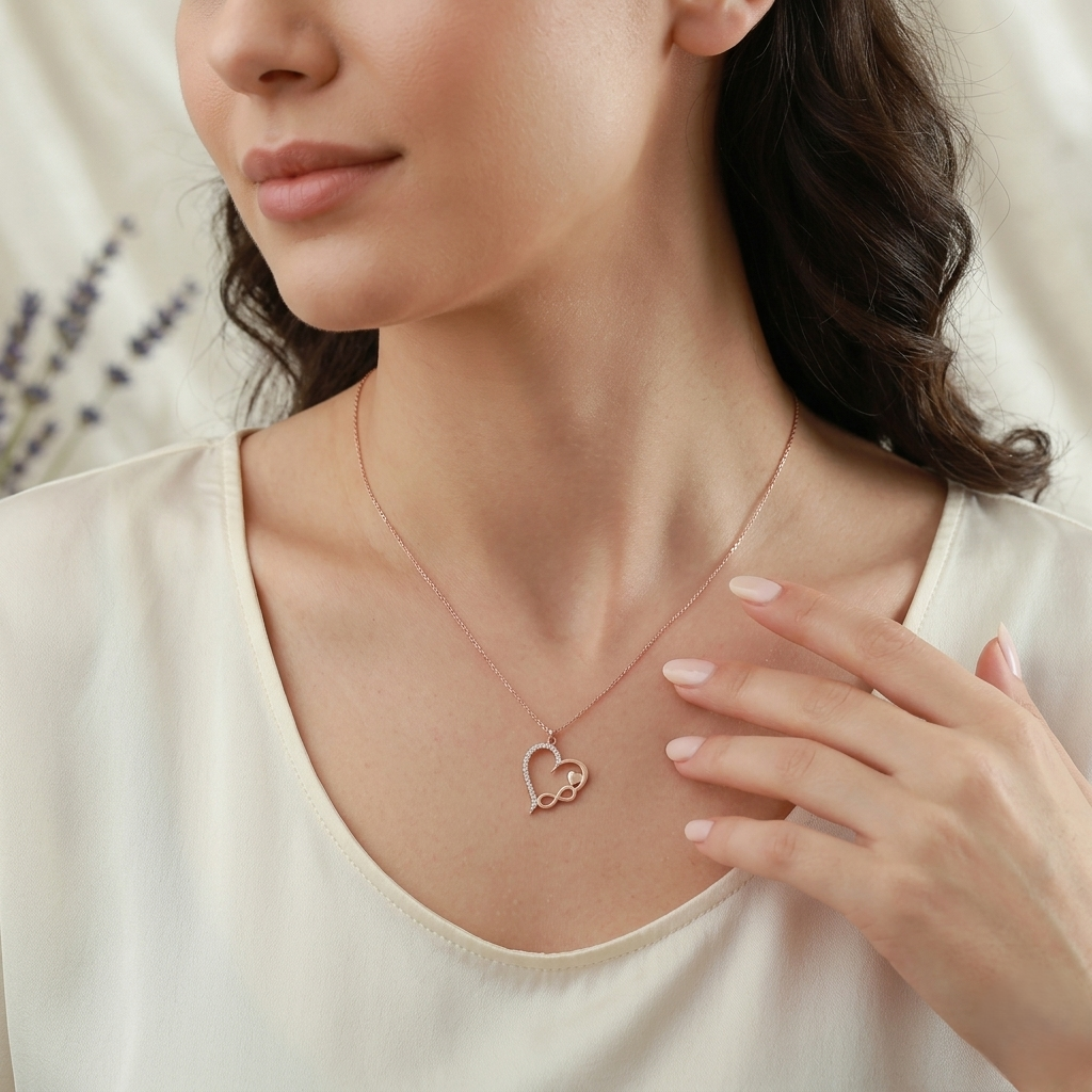 Rose Gold Heart Infinity Necklace in 925 Sterling Silver with sparkling cubic zirconia accents, elegant romantic pendant jewelry gift for women displayed on a soft marble background.